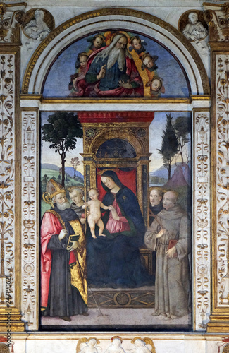 The fresco Madonna with the child and saints by Aiuto del Pinturicchio (1489 - 1491) in Basso della Rovere chapel in Church of Santa Maria del Popolo, Rome, Italy