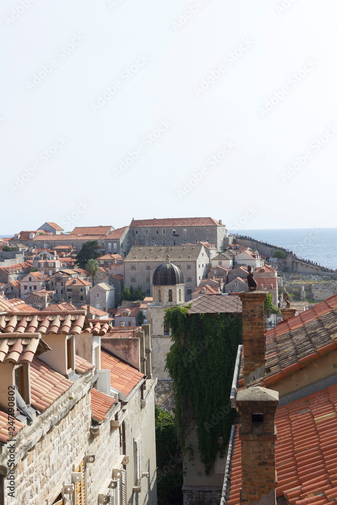 DUBROVNIK, CROATIA - AUGUST 22 2017: view from the top of the ancient city of Dubrovnik