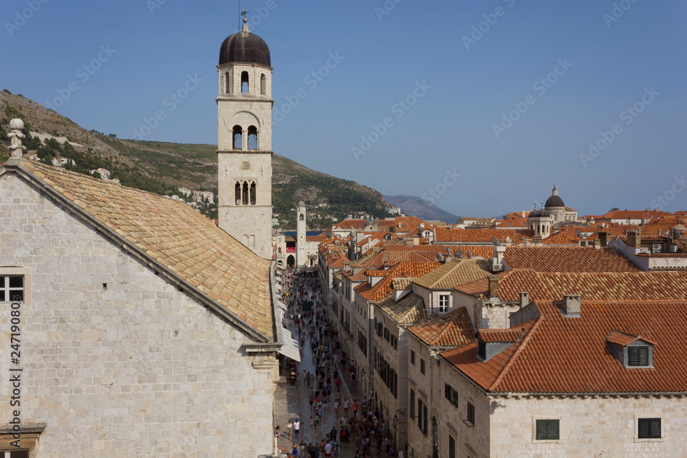 DUBROVNIK, CROATIA - AUGUST 22 2017: view from the top of Dubrovnik ancient town, with two bell towers