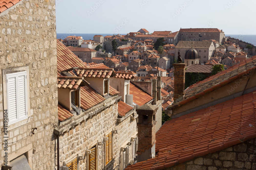 DUBROVNIK, CROATIA - AUGUST 22 2017: view from the top of the ancient city of Dubrovnik