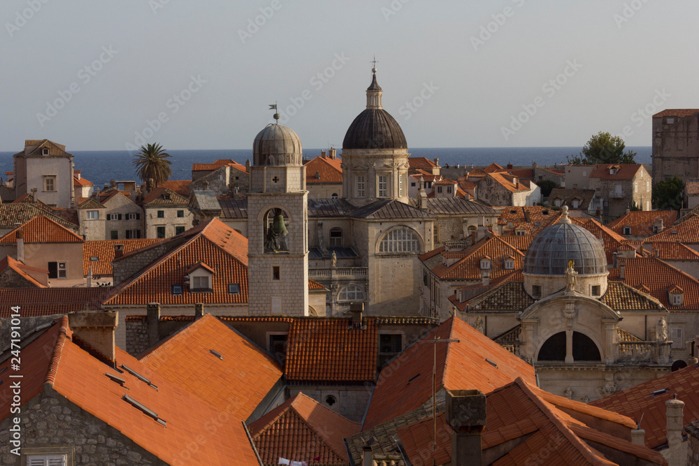 DUBROVNIK, CROATIA - AUGUST 22 2017: Dubrovnik cityscape at sunset time, faceing the sea