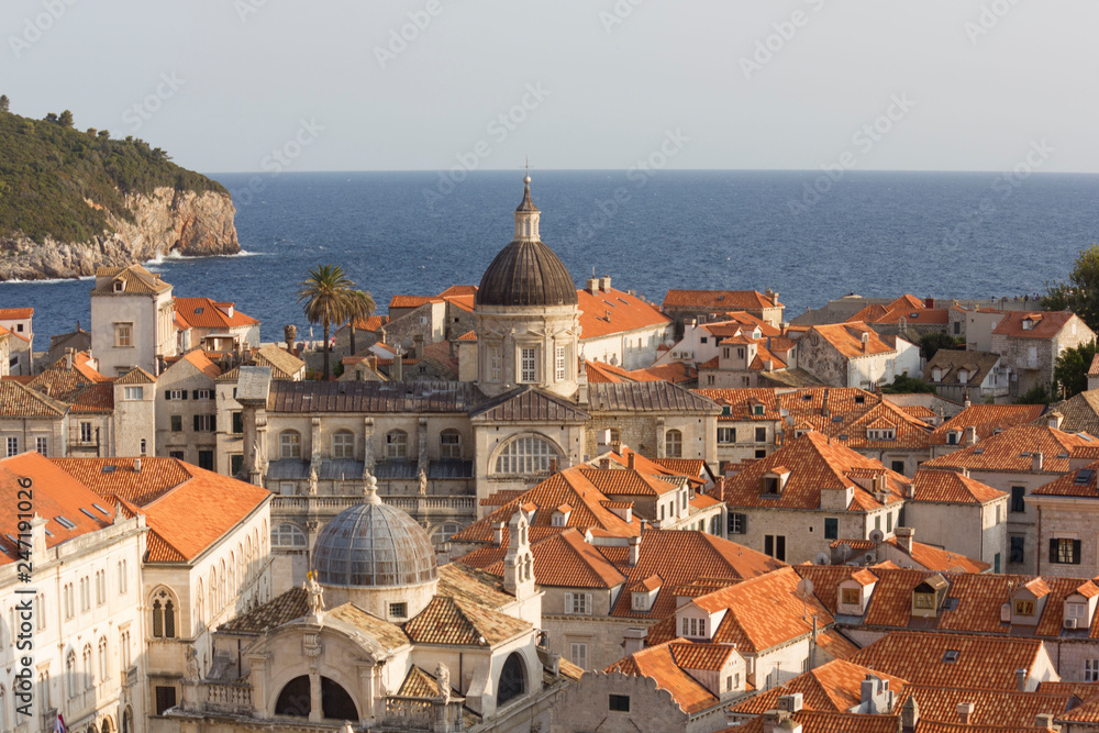 DUBROVNIK, CROATIA - AUGUST 22 2017: overvie of Dubrovnik town and Lokrum island at sunset
