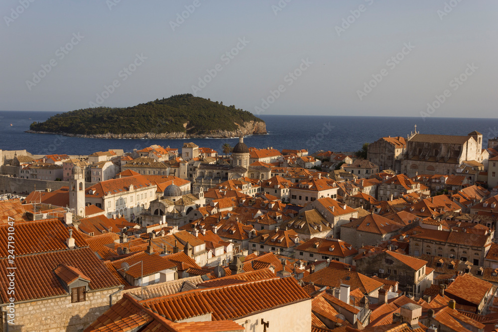 DUBROVNIK, CROATIA - AUGUST 22 2017: view from the top of the walls of Dubrovnik old town