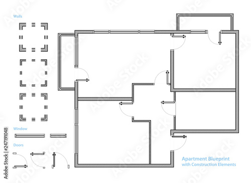 Floor Plan. Apartment Blueprint with Construction Elements. House Project. Vector Illustration