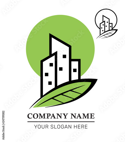 Logo Design of Real Estate Business. Property Development and Management. Eco City Building . Vector Illustration