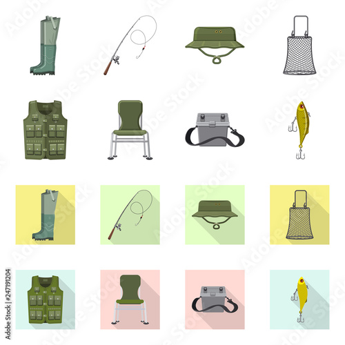 Vector illustration of fish and fishing logo. Collection of fish and equipment stock symbol for web.