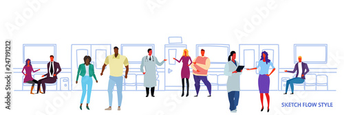 male female doctors discussing with patients hospital clinic hall with seats and door corridor interior medical consultation healthcare concept sketch flow style doodle horizontal