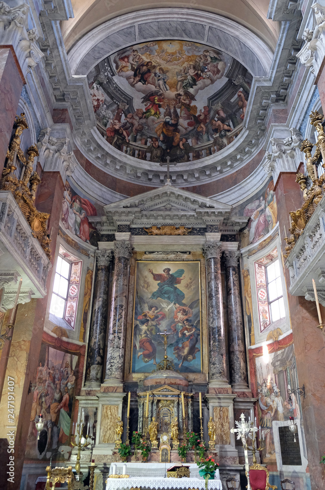 Altarpiece of the Trinity is by Francesco Grandi depicts the Father and the Holy Spirit accompanied by angels, Son is in the tabernacle below, Church San Giacomo in Augusta in Rome, Ita