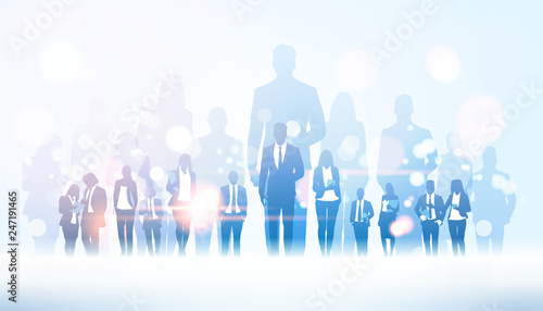 businessman team leader standing out from businesspeople group crowd business man boss leadership concept flat horizontal full length