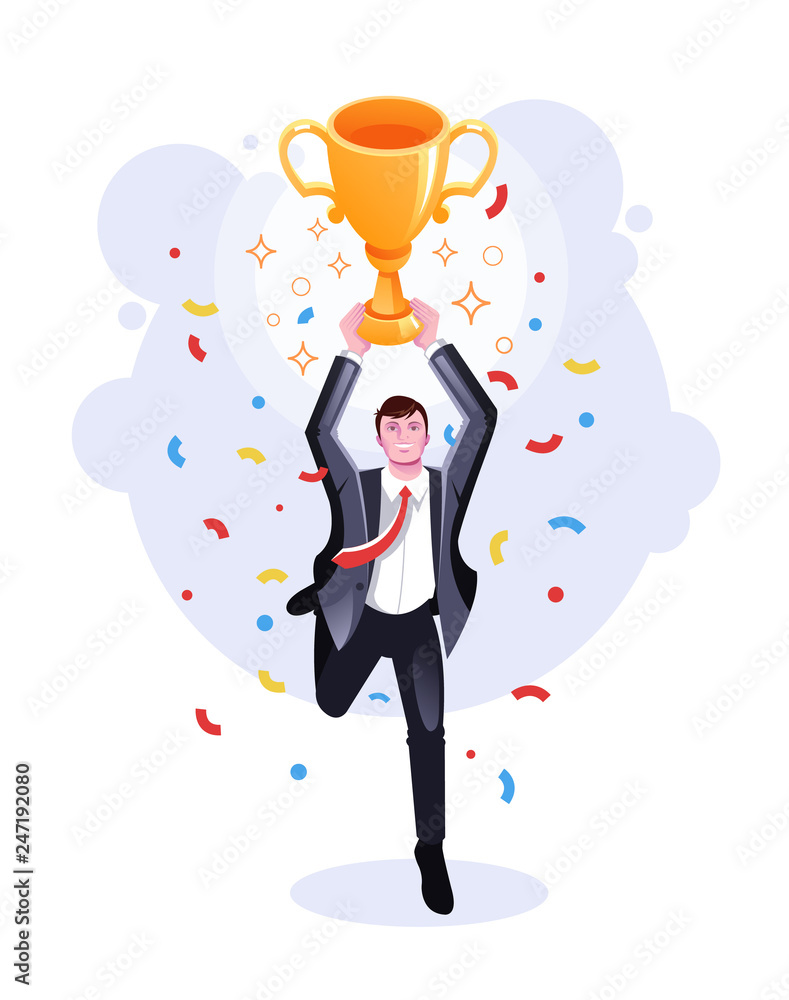 Happy smiling businessman office worker winner character holding golden cup and celebrating victory. Success business concept. Vector flat cartoon graphic design isolated illustration Happy smiling businessman office worker winner character holding golden cup and celebrating victory. Success business concept. Vector flat cartoon graphic design isolated illustration
