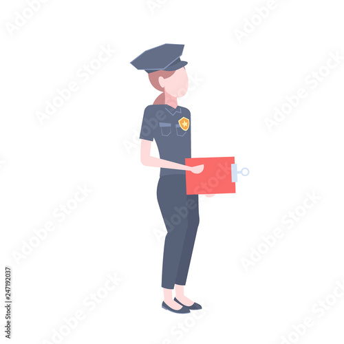 police woman icon female cop security guard holding clipboard cartoon character full length flat isolated