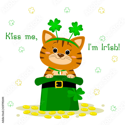 St.Patrick 's Day. A red tabby cat in a headband with clover, sits in a green hat, a leprechaun, gold coins. Cartoon style, flat design. Vector illustration