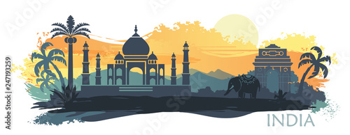 Stylized landscape of India with the Taj Mahal, an elephant and a dancer. Vector background photo