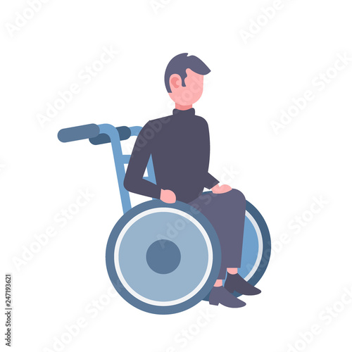 disabled man sitting in wheelchair disability concept male cartoon character full length flat isolated