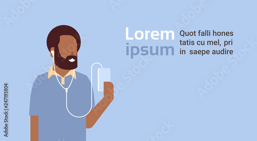 man holding smartphone listening to music with headphones african american bearded guy relaxing male cartoon character portrait flat horizontal copy space