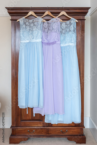 Bridesmaid dress hanging up before the ceremony