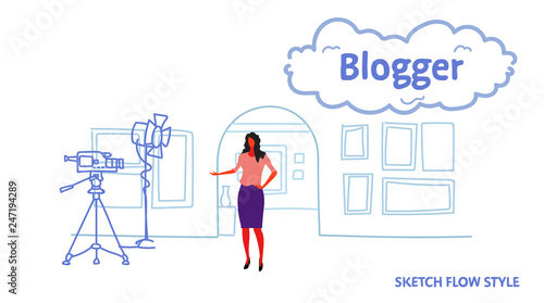woman blogger recording video on camera female guide standing art gallery museum interior online excursion social media blog concept sketch flow style horizontal