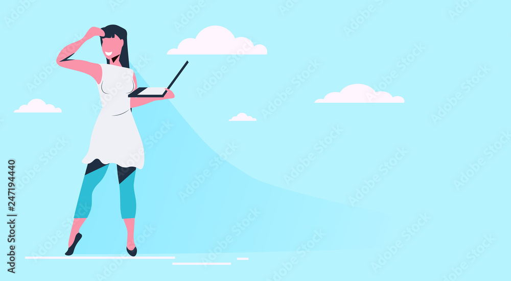 Woman using laptop happy girl wearing fashion Woman using laptop happy girl wearing fashion