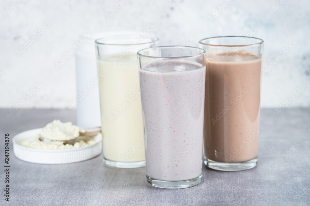 Protein cocktails in glasses, sport nutrition. Protein cocktails in glasses, sport nutrition.