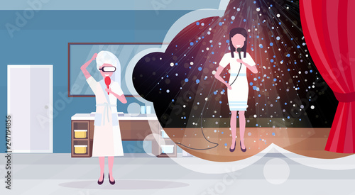 woman in bathrobe with comb wearing digital glasses virtual reality girl singer with microphone performing on stage headset vision concept bathroom interior horizontal
