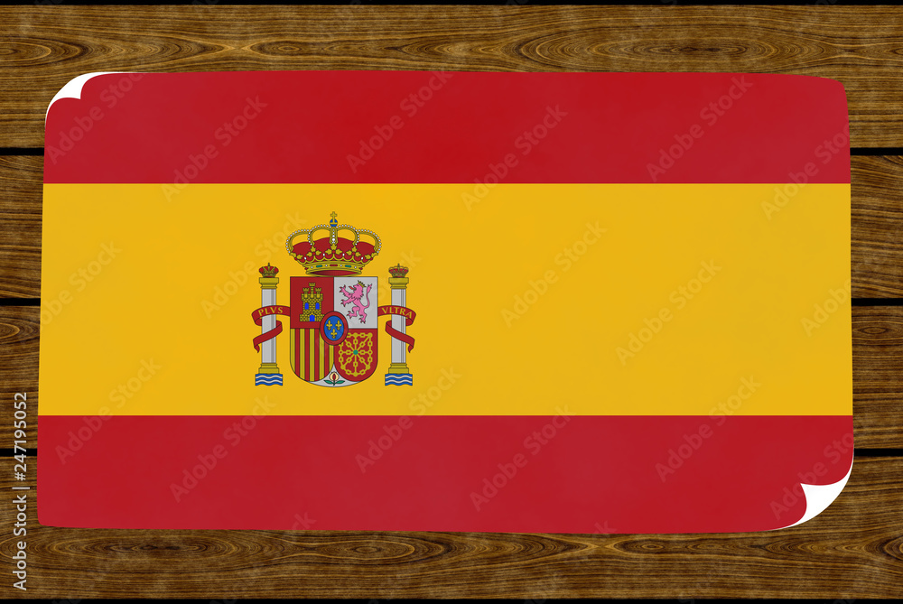 Illustration of a Spanish flag on the paper pasted on the woody wall Illustration of a Spanish flag on the paper pasted on the woody wall