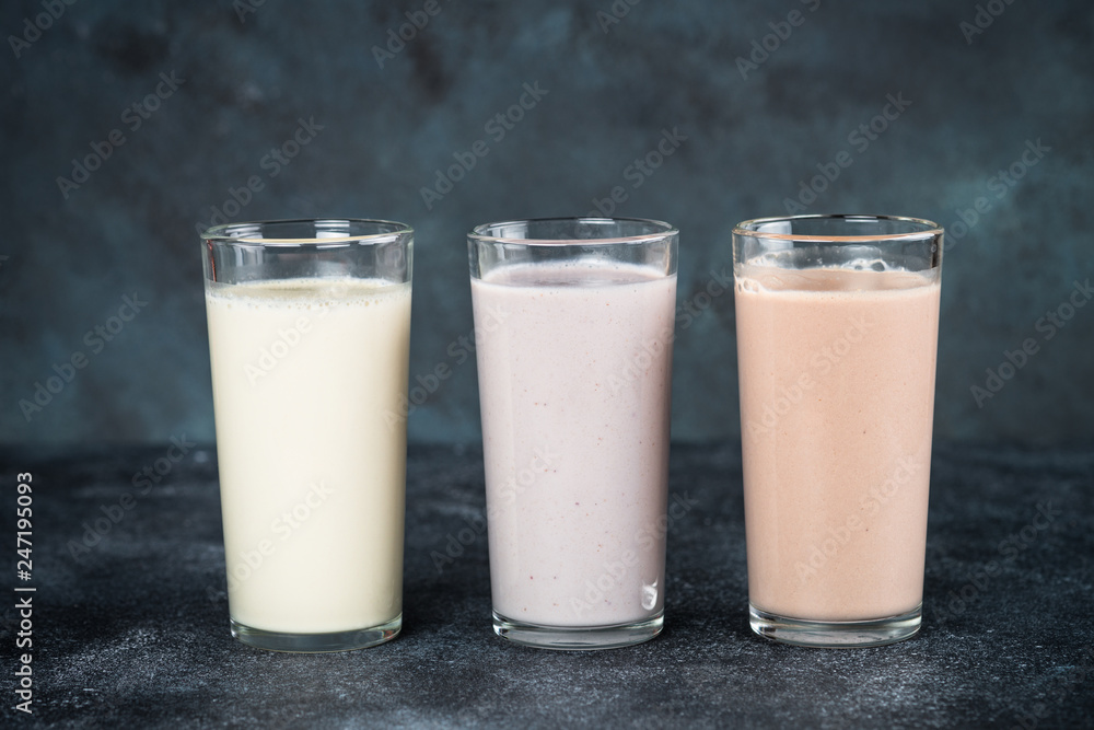 Protein cocktails in glasses, sport nutrition. Protein cocktails in glasses, sport nutrition.