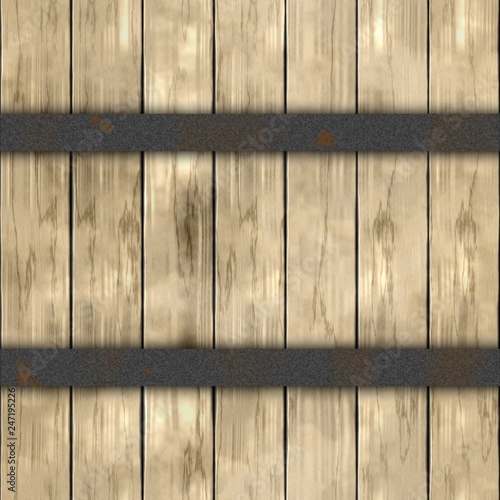 old wood plank barrel wood plank seamless pattern texture background with two silver dark gray rusty metal hoops - light beige color photo