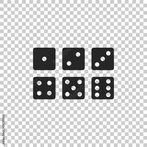 Set of six dices icon isolated on transparent background. Flat design. Vector Illustration