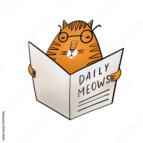 Funny cartoon cat wearing glasses and reading newspaper