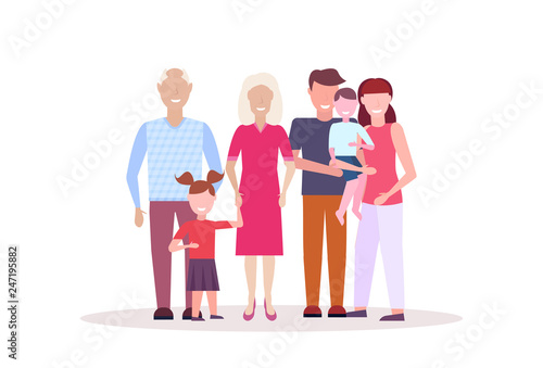 multi generation family standing together happy grandparents parents and children male female cartoon characters full length flat isolated horizontal