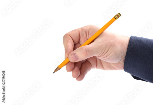 Pencil in male hand on white background