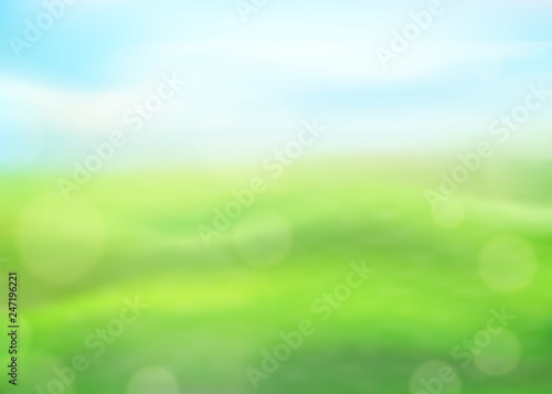 Green nature background on a blurred of grass and sky and bokeh effect. View with copy space add text. Vector