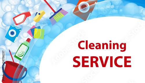 Cleaning service blue background. Poster or banner with soap bubbles and tools, cleaning products for cleanliness. Vector
