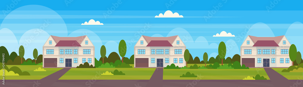 town house cottages country real estate concept private residential architecture home exterior landscape background flat horizontal vector illustration