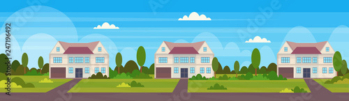 town house cottages country real estate concept private residential architecture home exterior landscape background flat horizontal vector illustration