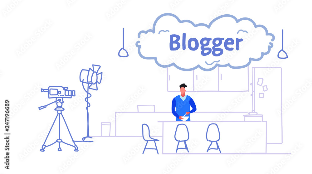man food blogger recording video on camera male chef cooking modern kitchen interior social media blog concept full length sketch flow style horizontal man food blogger recording video on camera male chef cooking modern kitchen interior social media blog concept full length sketch flow style horizontal