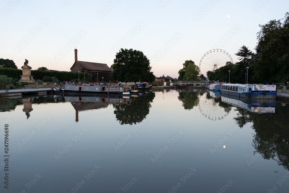 stratford upon Avon Warwickshire England UK June 25th canal basin with reflections of the moon and big wheel during high tourist season