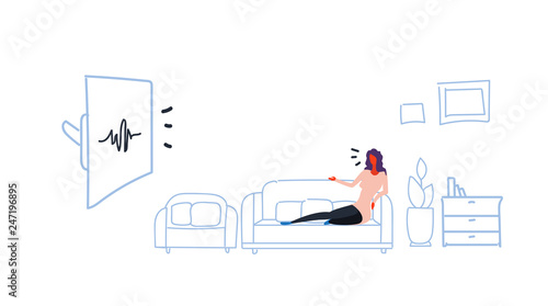 home television controlled by woman sitting on couch smart tv tech recognizes commands voice control concept modern living room interior sketch flow style horizontal