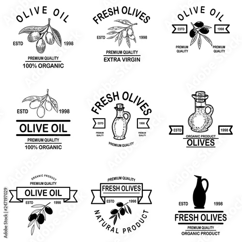 Set of vintage olive oil labels. Design element for logo, label, sign, badge, poster.
