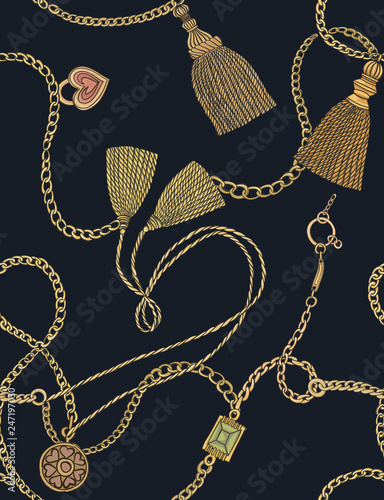 Print with gold chains and tassels on a black background. Vector seamless pattern.