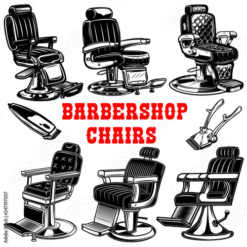 Set of barber shop chair illustrations. Design element for logo, label, emblem, sign.