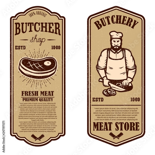 Set of vintage butchery and meat store flyers. Design element for logo, label, sign, badge, poster.