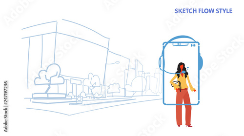 businesswoman operator using headphones mobile application call center worker customer support concept smartphone screen city street cityscape sketch flow style horizontal