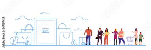 mix race people group online shopping mobile application purchase bags big sale concept special discount offer male female characters full length sketch flow style horizontal vector illustration