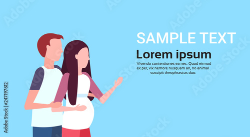 couple man and pregnant woman embracing young parents expecting baby female male character portrait blue background horizontal flat copy space