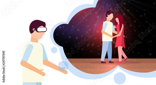 guy wearing digital glasses virtual reality couple man woman lovers dancing together in night dance studio interior headset vision concept horizontal flat