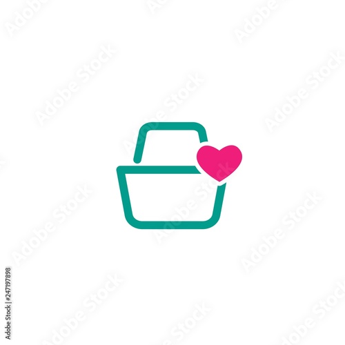 Shopping basket with heart pink sign. simple icon isolated on white background.