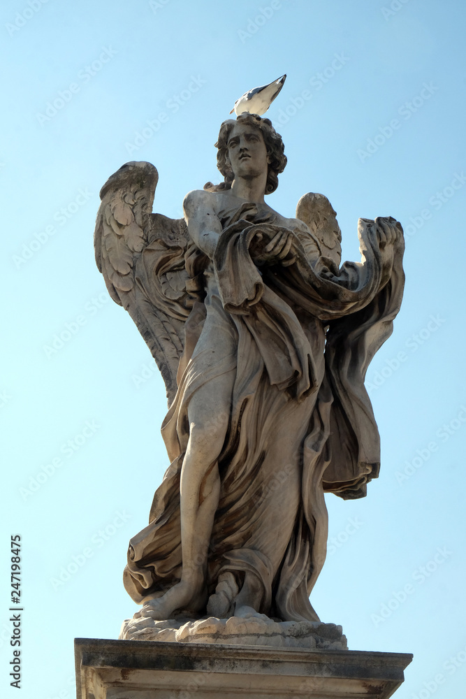 Statue of Angel with the Garment and Dice by Paolo Naldini, Ponte Sant Angelo in Rome, Italy 