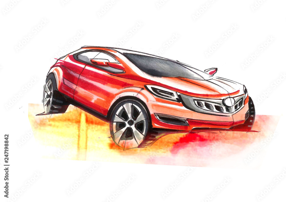  Sketch of car is markers painting. It is red a car suitable for a jung poeple or familie. The car is very dimamic and has the luxurious curves.