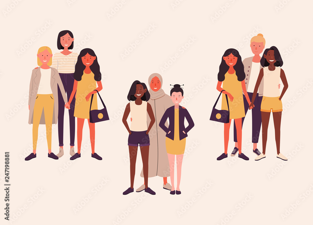 Obraz premium Women of different nationalities together. Female friends hold hands. Group of feminists, sisterhood. Happy women or girls isolated on white background. Vector illustration